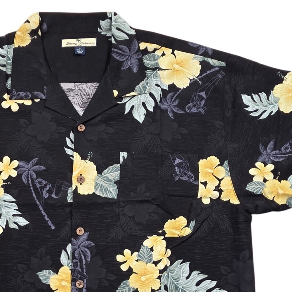 Tommy Bahama Silk Hula Girl Floral Hawaiian Camp Shirt Button Up Black Mens XL - Picture 1 of 7